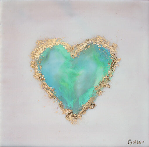 ***SOLD*** Carrie Goller - Green-Blue Heart on White with Gold Leaf, encaustic 7x7