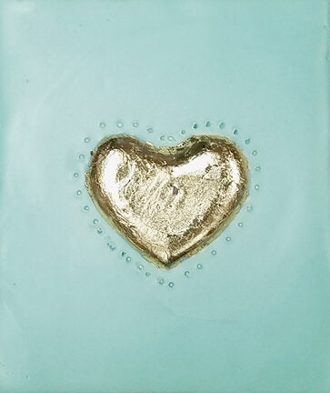 ***SOLD*** Carrie Goller - Green-blue Heart of Gold, encaustic/gold leaf 4x3.5