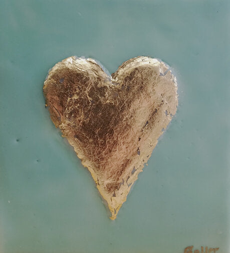 ***SOLD***Carrie Goller - Green-Blue Heart of Gold, encaustic/gold leaf 5.25x5