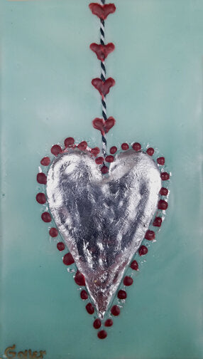 ***SOLD*** Carrie Goller - Heart on a String, encaustic/silver leaf 6x3.5x2