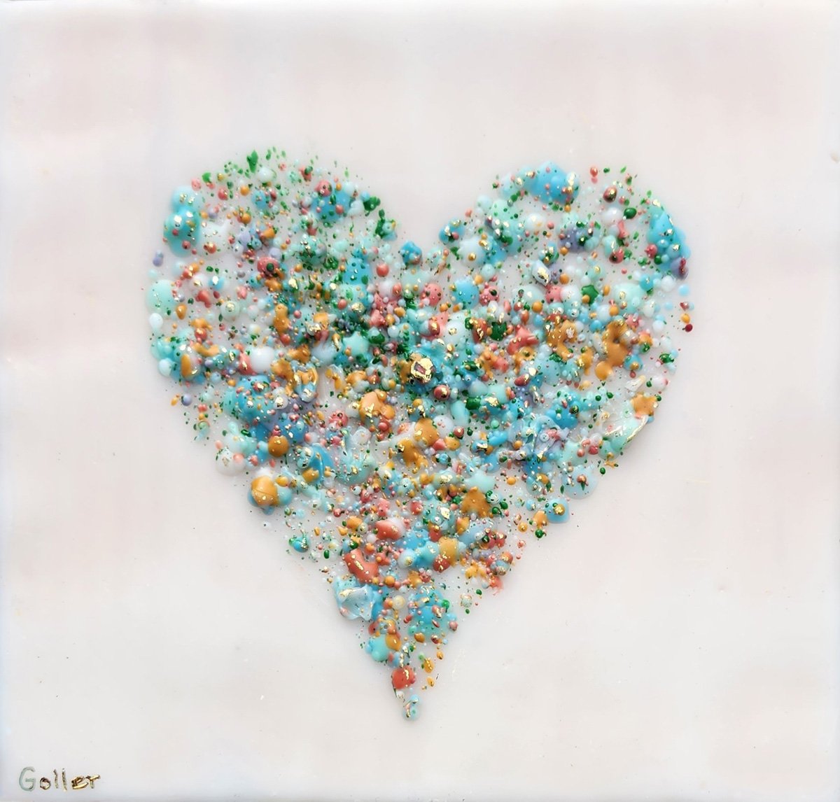 ***SOLD*** Carrie Goller - Green Confetti heart on white, encaustic with gold leaf 5.25x5