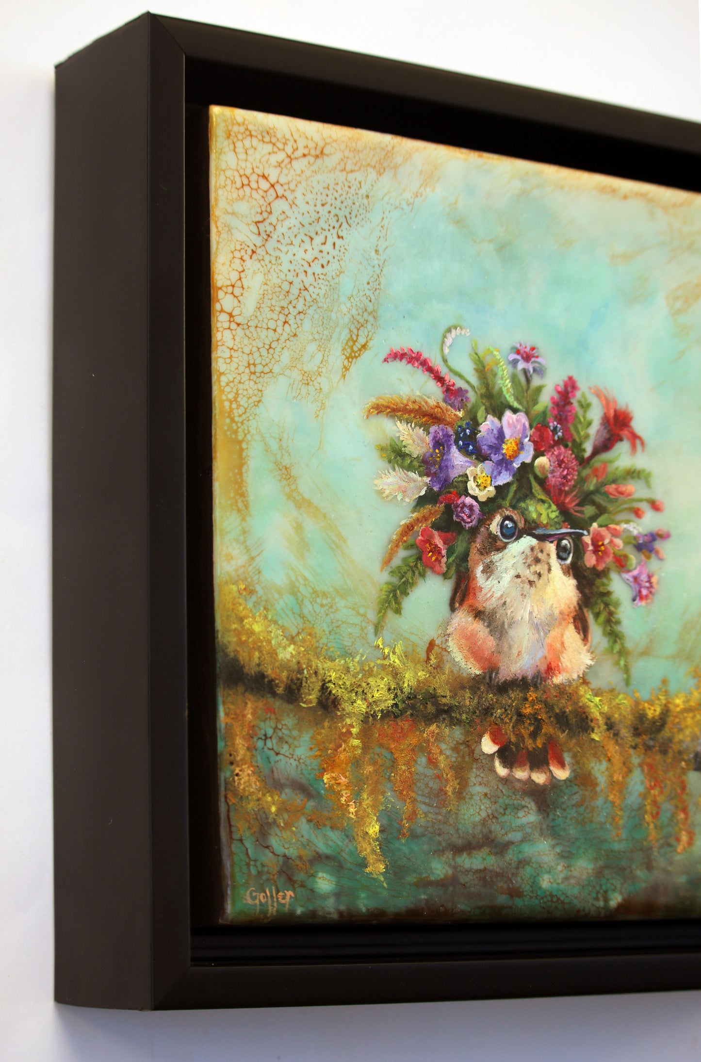 Prints available, original ***SOLD*** CARRIE GOLLER - Gretchen, Floriferous collection (hummingbird), Mixed Media – Oil/Encaustic 8x8 ***At Jones and Terwilliger Galleries, Palm Desert, CA please inquire at (760) 674-8989***