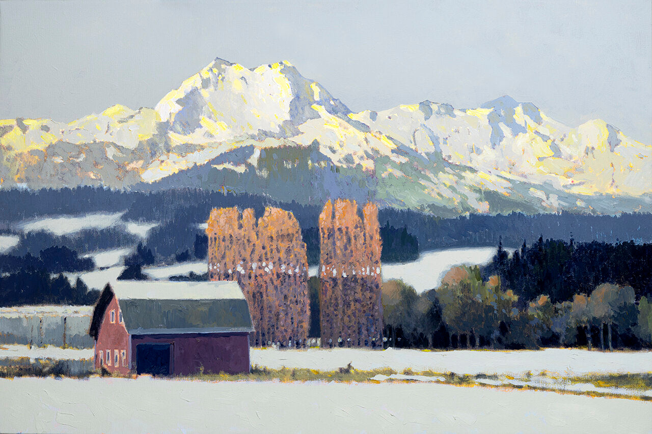 Prints available, original ***SOLD*** MAX HAYSLETTE, Early Winter in the Olympics, acrylic 24x36 HMAC 1836