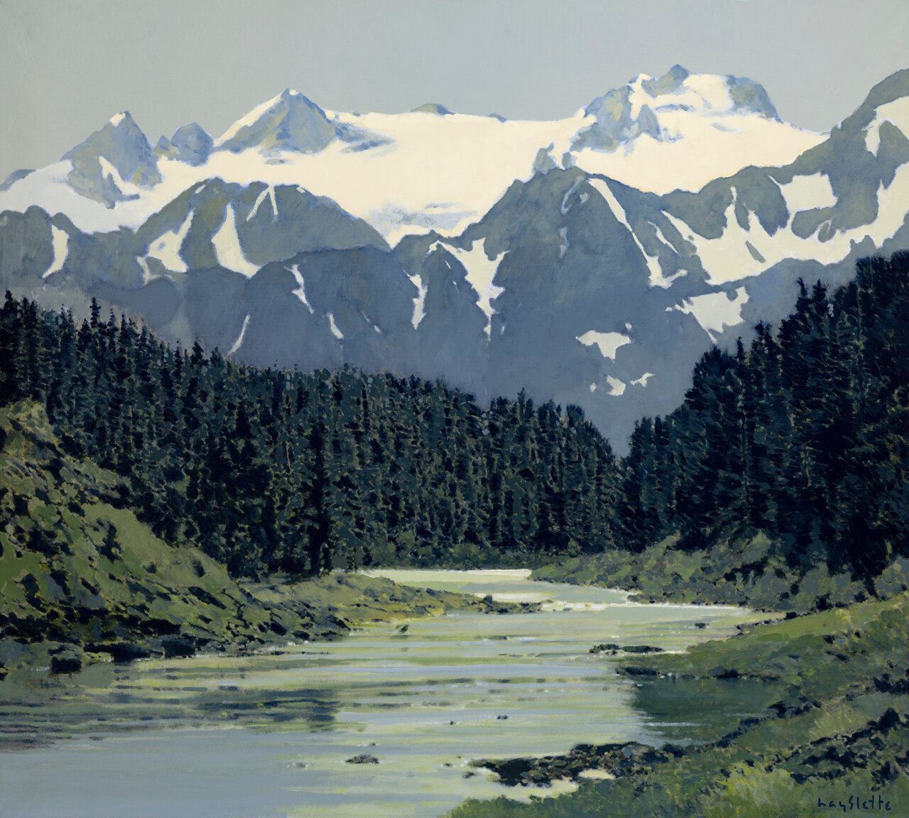 Prints available, original ***SOLD*** MAX HAYSLETTE, The Hoh in November, acrylic 36x40 (HMAC 1839)