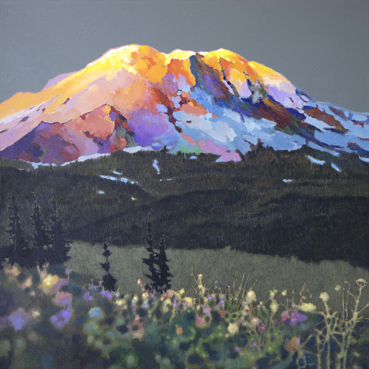 Prints available, original ***SOLD*** MAX HAYSLETTE - Study: Rainier and the Alpine Meadow, Acrylic 20x20 HMAC 1870