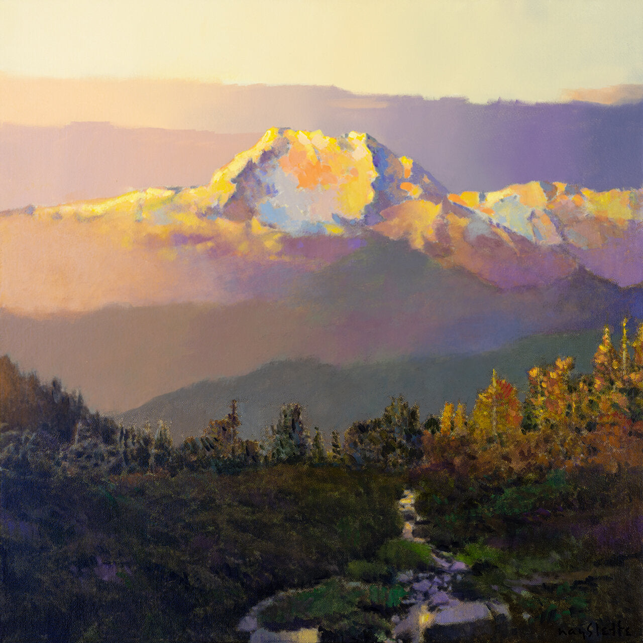 Prints available, original ***SOLD*** MAX HAYSLETTE, Study: Early Snow in the Olympics No. 2, acrylic 24x24 (HMAC 1856)