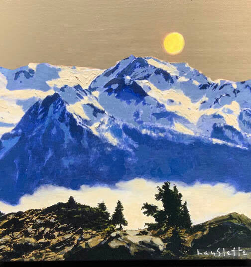 Prints available, original ***SOLD*** MAX HAYSLETTE - MiniMax- STUDY: OLYMPUS AT DUSK, acrylic 12x12 (HMAC 1892)