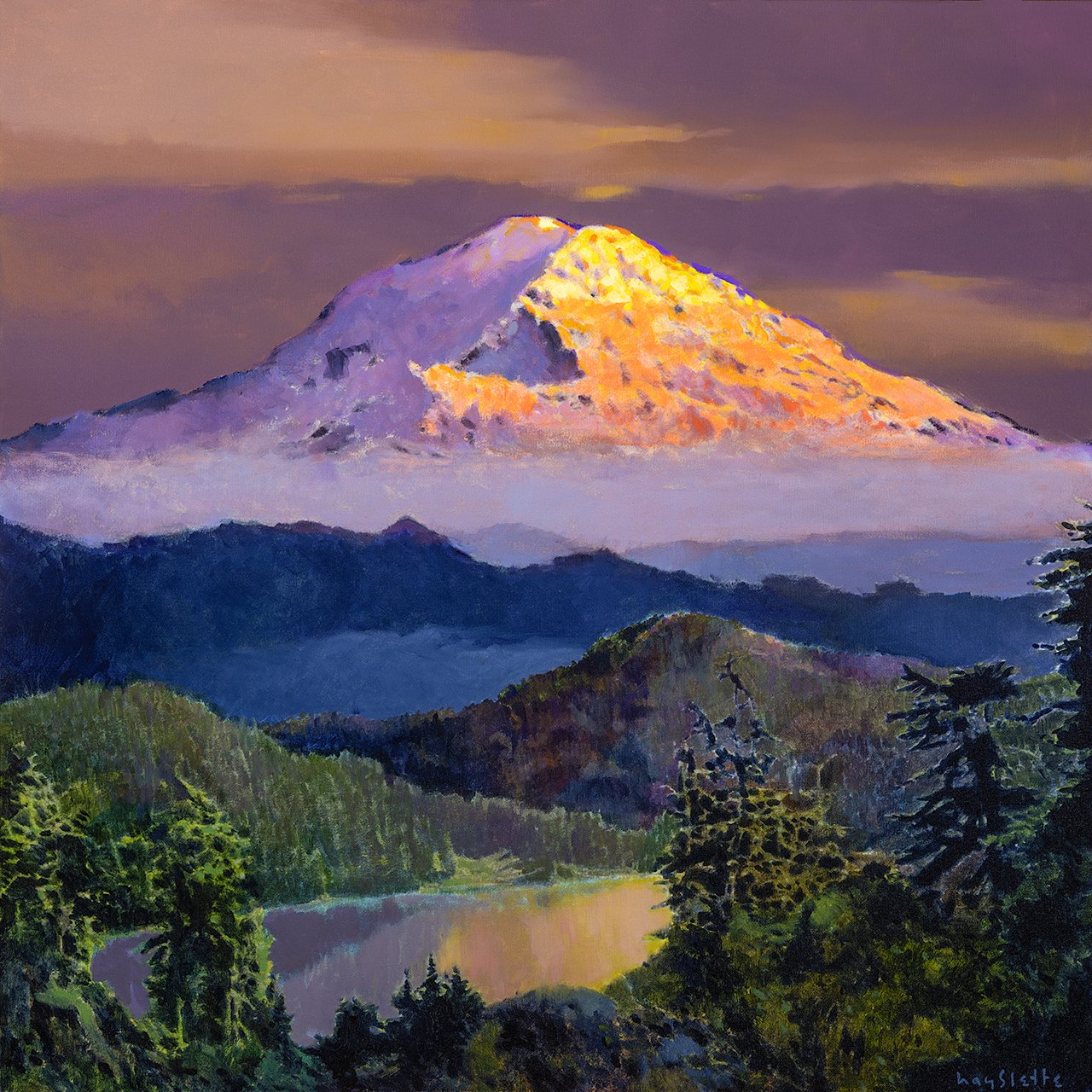 Prints available, original ***SOLD*** MAX HAYSLETTE - Last Light on Rainier, 32X32 HMAC 1936