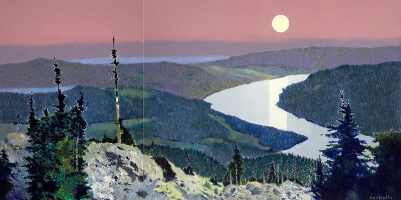 Prints available, original ***SOLD*** MAX HAYSLETTE - Moon over Cushman, Acrylic 28x56 Diptych HMAC 1940 (framed together)