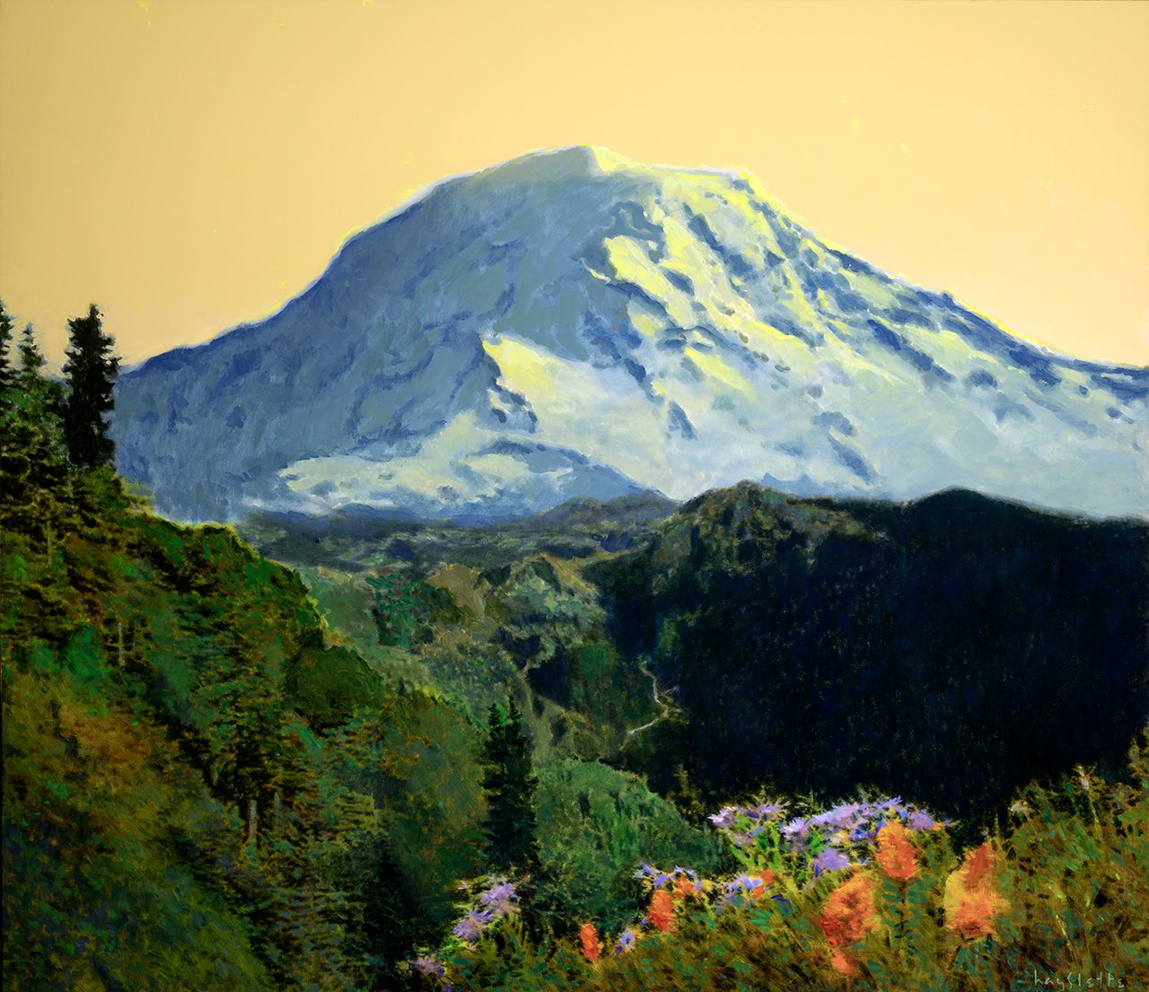 Prints available, original ***SOLD*** MAX HAYSLETTE - HMAC 2011 Rainier and the Alpine Meadow 38X44