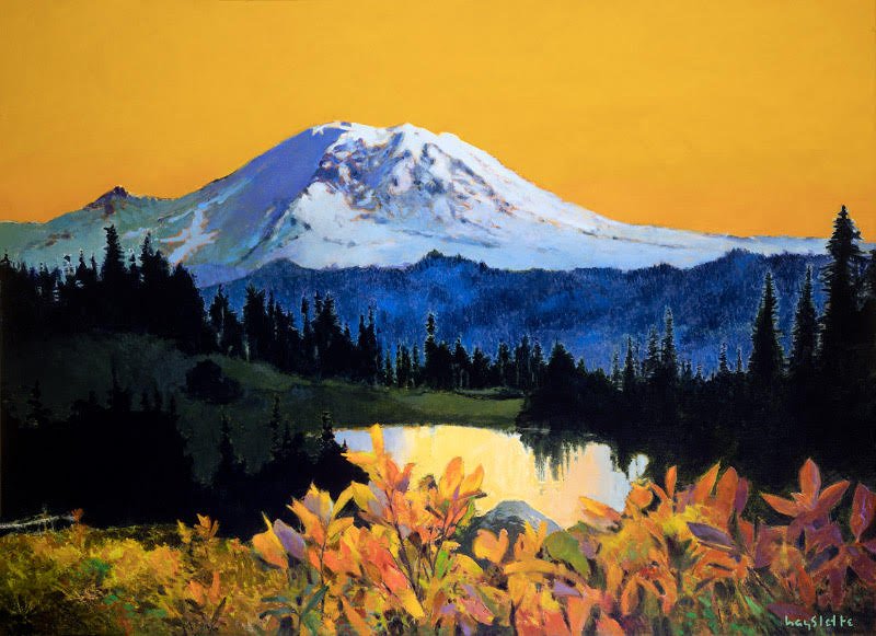 Prints available, original ***SOLD*** MAX HAYSLETTE - Rainier at Twilight, acrylic, HMAC 2016, 32x44