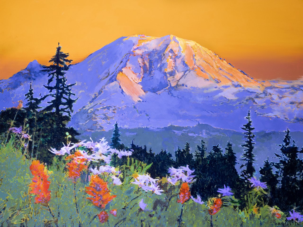 Prints available, original ***SOLD*** MAX HAYSLETTE - Rainier and the High Meadow, Acrylic, HMAC 2017, 36x48