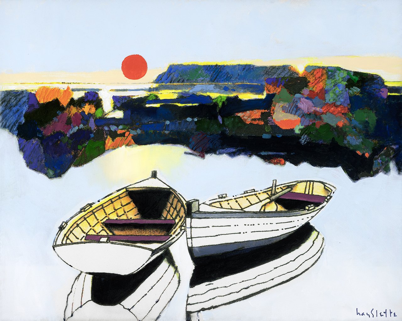 Prints available, original ***SOLD*** MAX HAYSLETTE - Mid-Century Modern No. 67 Acrylic Drawing w/Boats & Red Sun, 24x30 HMAC 2042