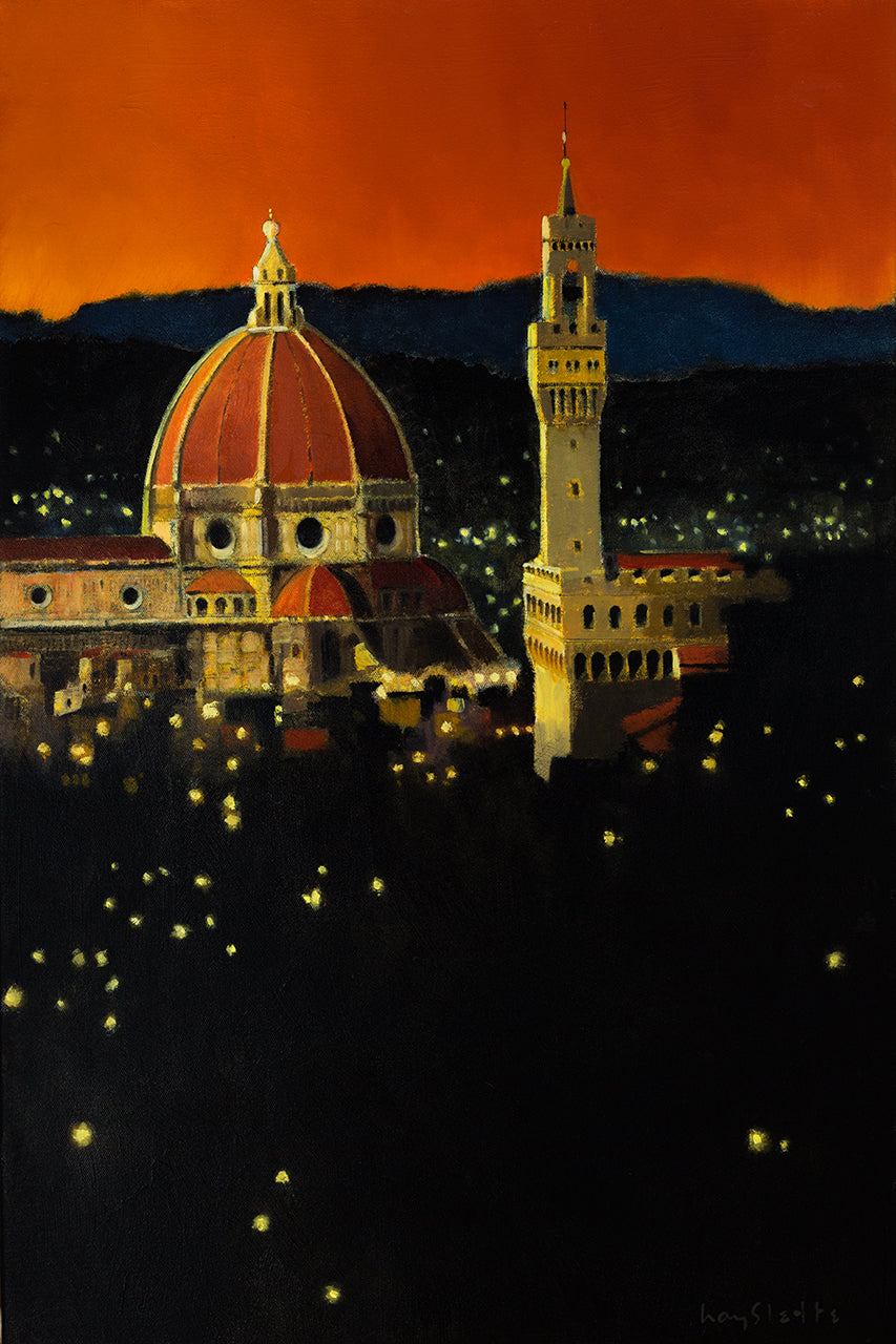 Prints available***SOLD***MAX HAYSLETTE - Postmark Firenze (HMOC 1386, Oil & Mixed Media 30x20)