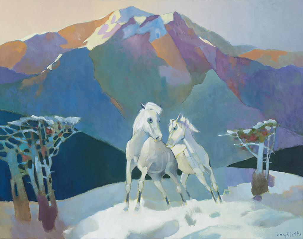 Prints available, original ***SOLD*** MAX HAYSLETTE - Mountain Getaway, oil & mixed media 30x38 HMOC 1455
