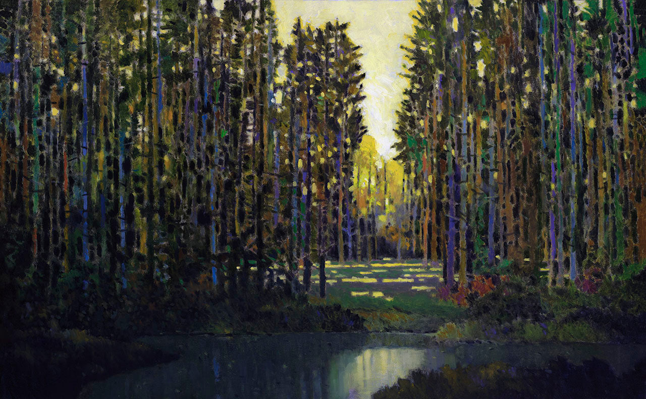 Prints available, original ***SOLD*** MAX HAYSLETTE - Woodland Pond #2, 26x42, Oil & Mixed Media (HMOC 1625)