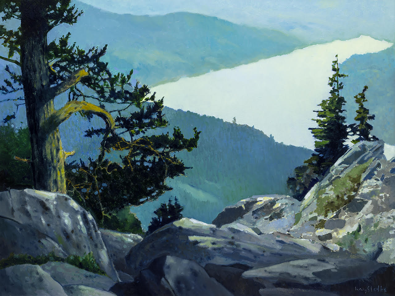 Prints available, original***SOLD***MAX HAYSLETTE - Lake Cushman (HMOC 1638), Oil & Mixed Media 30x40