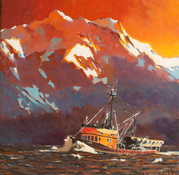 Prints available, original ***SOLD*** MAX HAYSLETTE - Heading Home (HMOC 1319, Oil & Mixed Media 20x20)