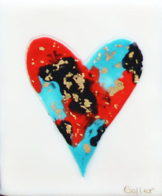 ***SOLD*** Carrie Goller - Multicolored Heart with Gold Leaf Accents on White, encaustic 4x3.5