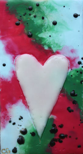 ***SOLD*** Carrie Goller - White Heart on Red and Green, encaustic 5.25x3