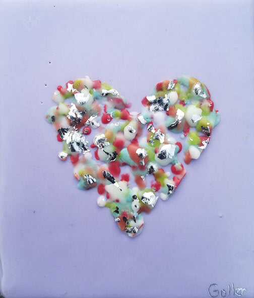 ***SOLD*** Carrie Goller - Lavender with Multicolored Confetti, encaustic/gold leaf 3.5x3.5