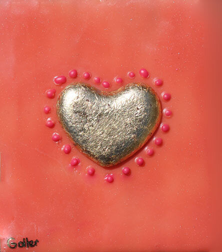 ***SOLD*** Carrie Goller - Gold Heart with Dots on Red, encaustic 4x3.5