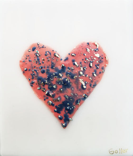 ***SOLD*** Carrie Goller - Cream with Coral Heart and Navy Confetti, encaustic/gold leaf 3.5x3.5
