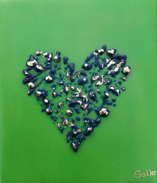 ***SOLD*** Carrie Goller - Green with Navy confetti Heart, encaustic/gold leaf 3.5x3.5