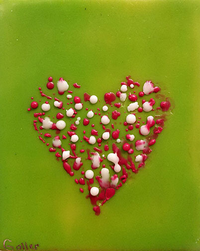 ***SOLD*** Carrie Goller - Green with pink/white confetti Heart, encaustic 3.5x3.5