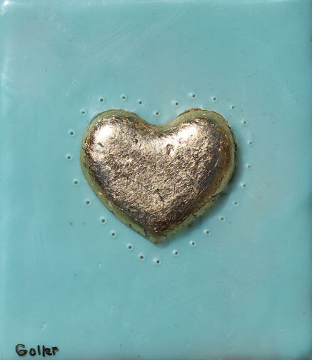 ***SOLD*** Carrie Goller - Gold Heart on Light Blue, encaustic 4x3.5