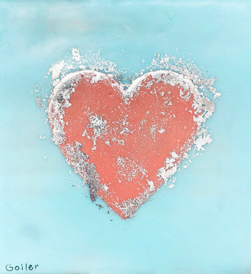 ***SOLD*** Carrie Goller - Light Blue with Coral Heart, encaustic/silver leaf 5.25x5