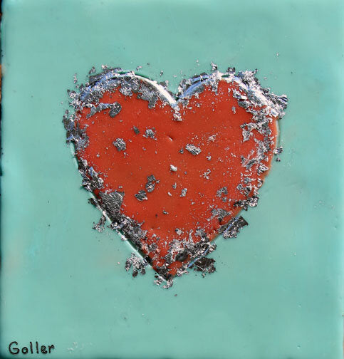 ***SOLD*** Carrie Goller - Red Heart on Blue, encaustic 5.25x5
