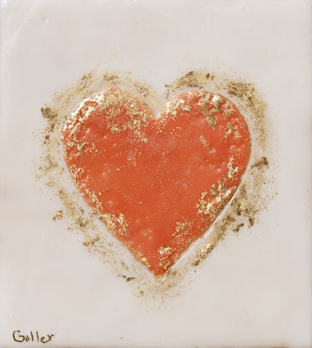 ***SOLD*** Carrie Goller - Red Heart, with Gold Leaf on Cream encaustic 5.25x5