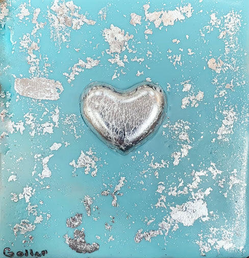 ***SOLD*** Carrie Goller - Silver Heart on Light Blue, encaustic 5.25x5
