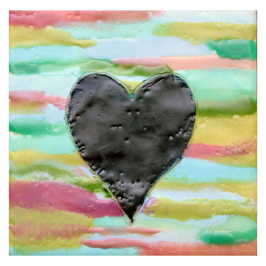 ***SOLD*** Carrie Goller - Multicolor with Black Heart, encaustic 5x5