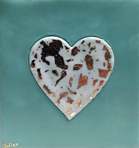 ***SOLD*** Carrie Goller - White heart on Blue with Gold Leaf, encaustic 5.25x5