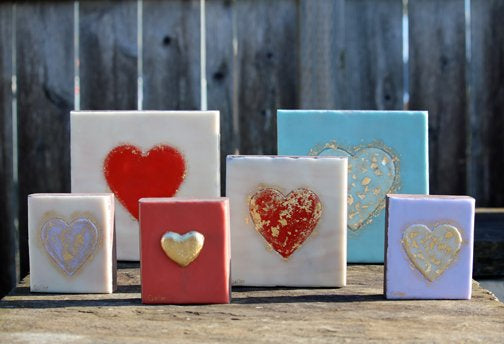 ***SOLD***Carrie Goller - Turquoise on White Heart with Gold Leaf, encaustic 4x3.5