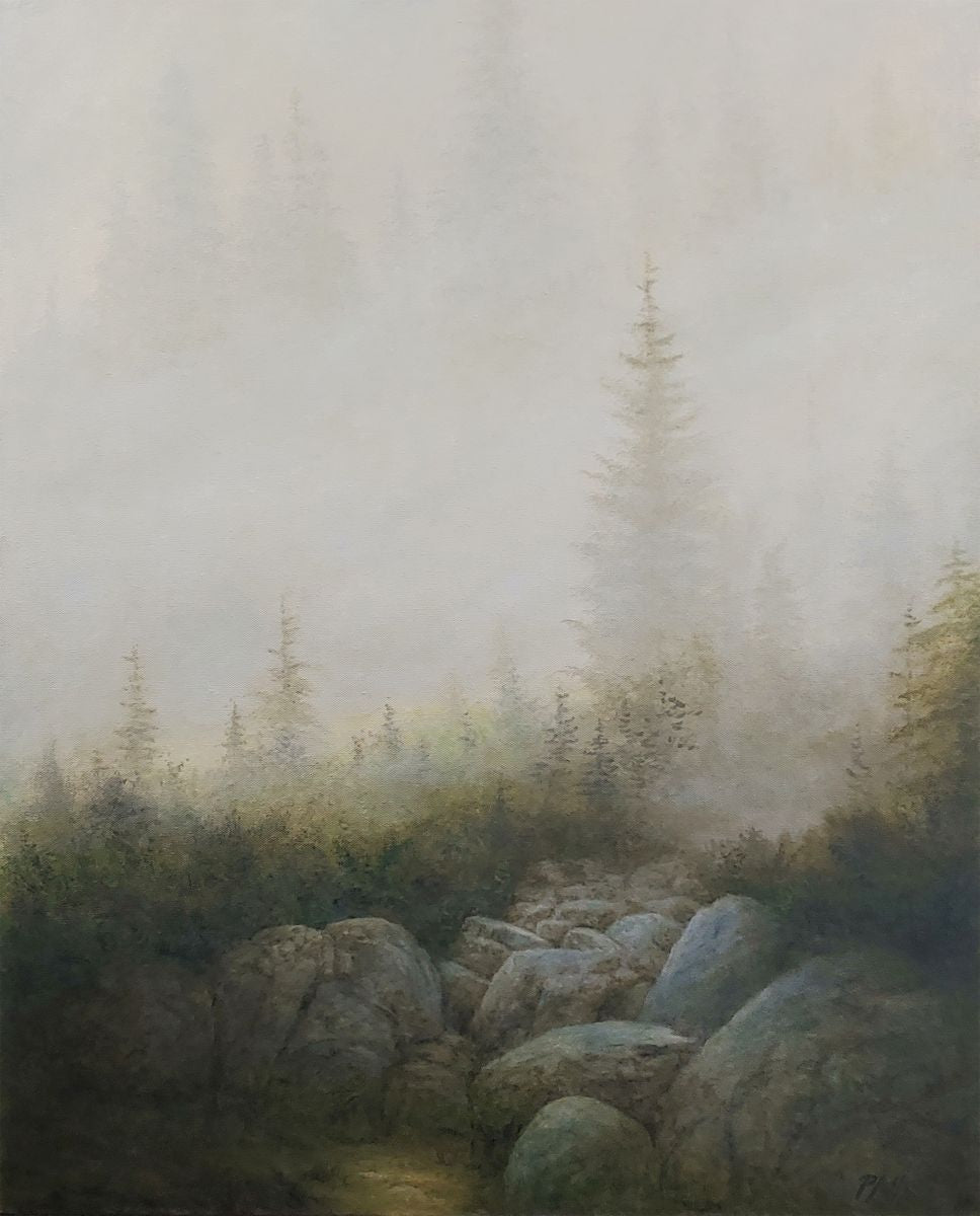 TIM PFEIFFER - Hiking in the Clouds, oil on 1 1/2" deep gallery wrap canvas , 30x24 (framed)