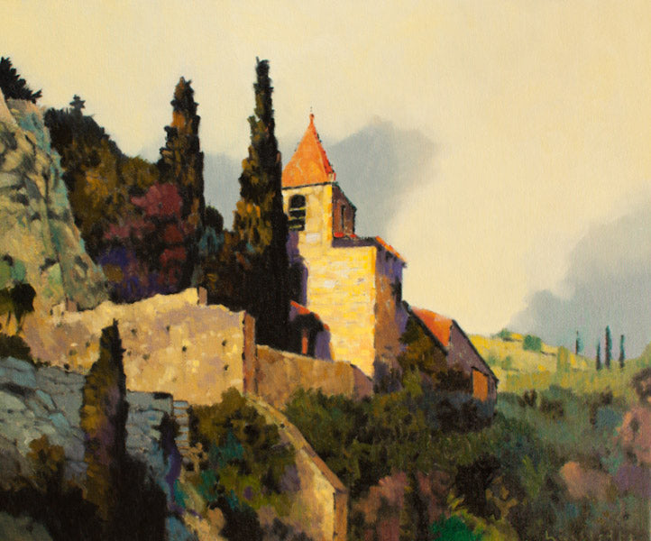 Prints Available ***SOLD*** MAX HAYSLETTE - Hilltown Chapel (HMOC 1360, Oil & Mixed Media 24x26)