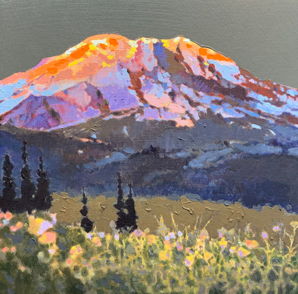 Prints available, original ***SOLD*** MAX HAYSLETTE MINIMAX, Study: Rainier & the Alpine Meadow 12x12 HMAC 1840
