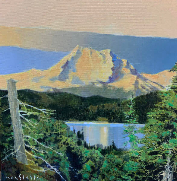 Prints available, original ***SOLD*** MAX HAYSLETTE - MiniMax: Brothers and Lower Lena Lake, acrylic 12x12 (HMAC 1901)