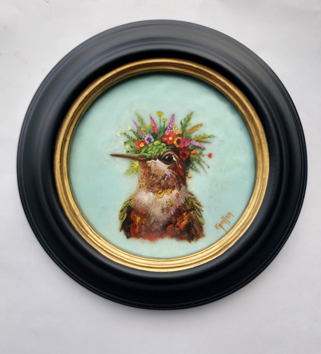 Prints available, original ***SOLD*** CARRIE GOLLER - HoneyDew, Floriferous Collection (Hummingbird), Mixed media - oil/encaustic 5x5 ***At Jones & Terwilliger Galleries, Carmel, CA please inquire at (831) 626-9100***
