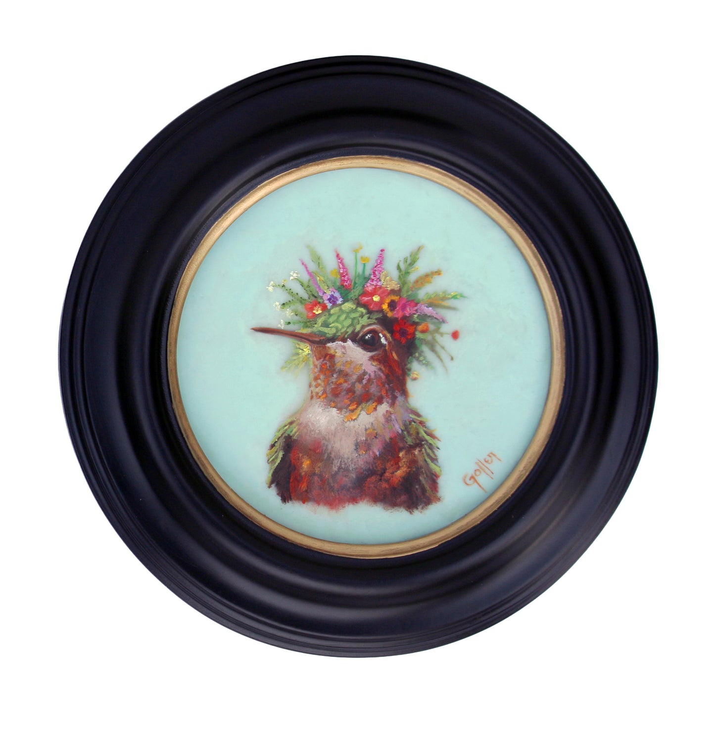 Prints available, original ***SOLD*** CARRIE GOLLER - HoneyDew, Floriferous Collection (Hummingbird), Mixed media - oil/encaustic 5x5 ***At Jones & Terwilliger Galleries, Carmel, CA please inquire at (831) 626-9100***