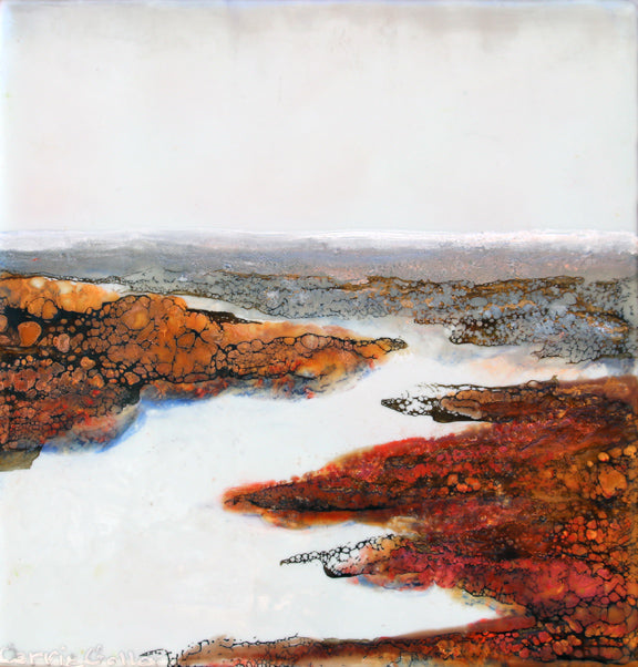 Prints available, original ***SOLD*** Hood Canal Autumn - Encaustic & Mixed Media 8x8.5 - Available at Bainbridge Island Museum of Art Gallery Store