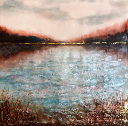Prints available, original ***SOLD*** Carrie Goller - Hood Canal Bliss II, encaustic/mixed media 11x11