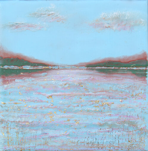 Prints available, original ***SOLD*** CARRIE GOLLER - Hood Canal Shimmer, encaustic/mixed media 7x7