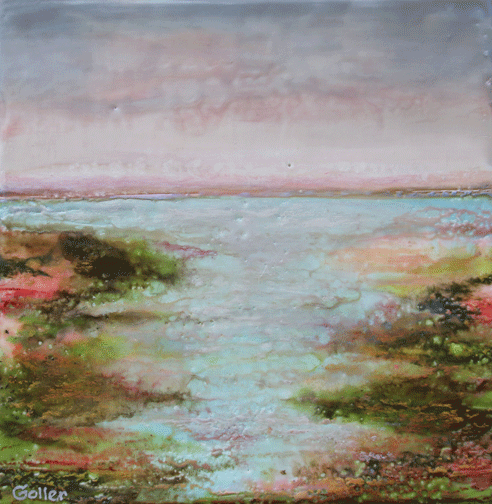Prints available, original ***SOLD*** Carrie Goller - Hood Canal Shimmer, encaustic/mixed media 9x9