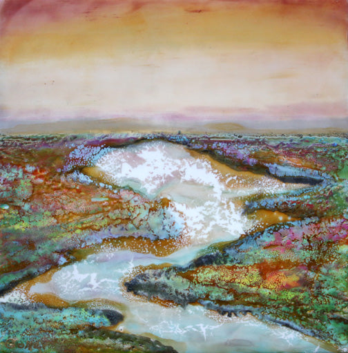 Carrie Goller - Hood Canal Sunset II, encaustic/mixed media 9x9