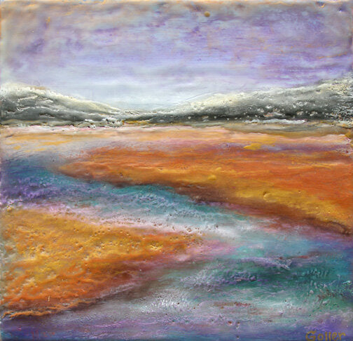 Prints available, original ***SOLD*** Carrie Goller - Hood Canal Sunset V, encaustic/mixed media 9x9