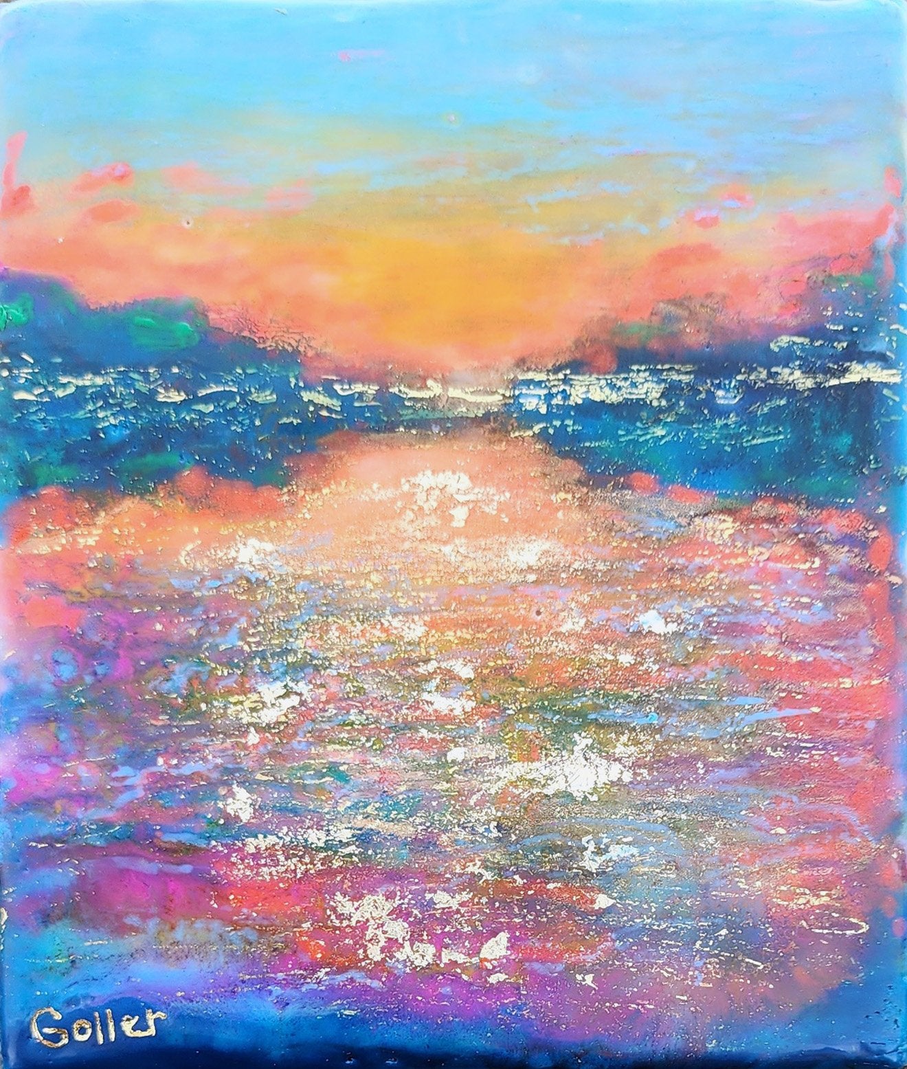 ***SOLD*** Carrie Goller - Hood Canal Mood II, Encaustic/Gold Leaf 5.25x5